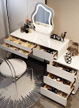 225新实木板卧室梳0妆台岩奶油风斗柜现代款简约化妆LQI台一体化