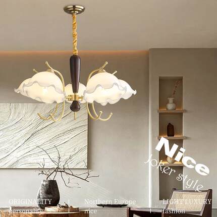 奶复油法灯式花朵吊厅灯古轻奢美式客厅餐卧室1076全铜具