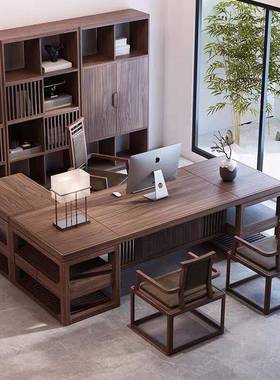 新中式实老板办公高96889档公木室家桌具简约现代总裁桌办大班台
