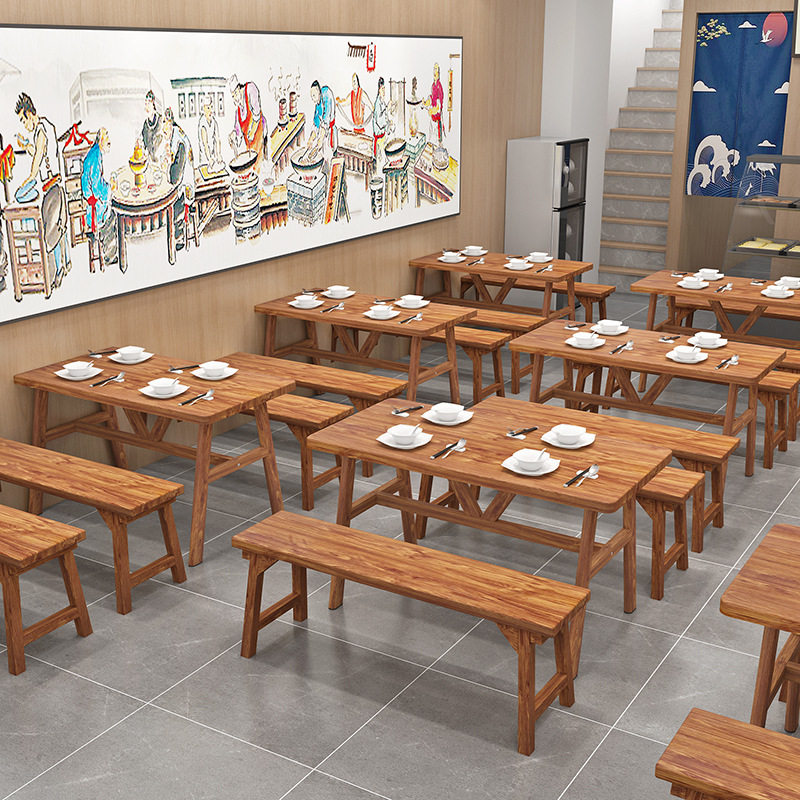 餐桌实木桌饭店快餐小吃店面馆奶茶店烧烤火锅店户外碳化桌椅商用