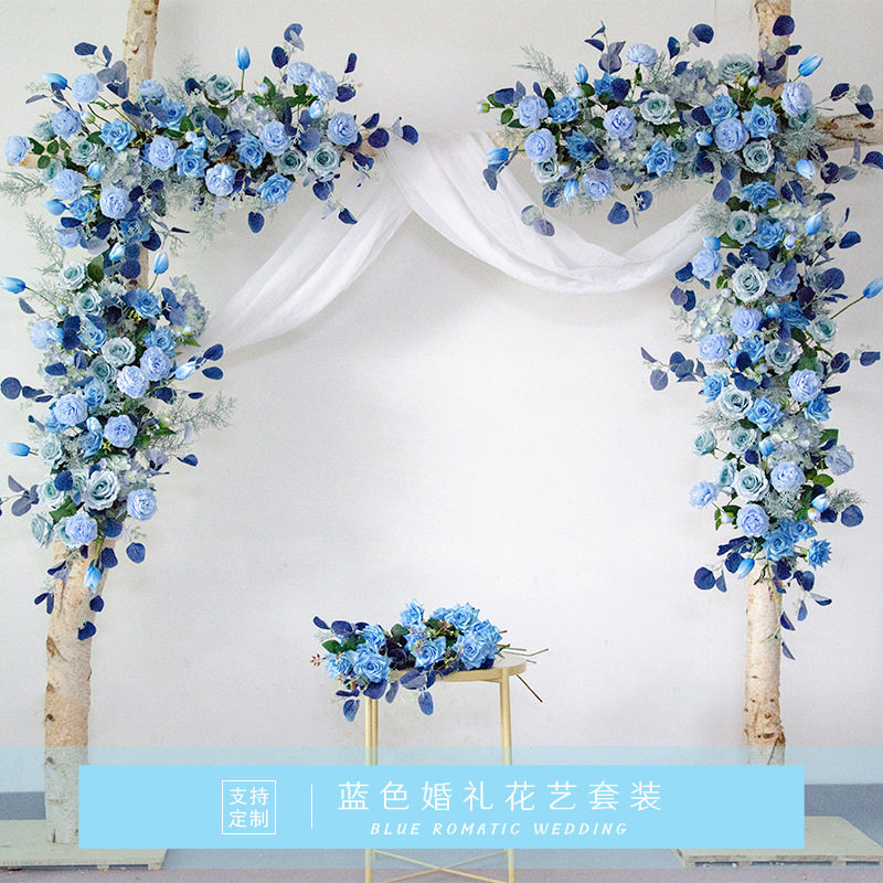 蓝色拱门花艺套装 橱窗装饰墙壁摄影壁挂背景布置 绢花花惟妙园