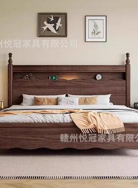 胡木美式木床现实代简约1.8M桃双人物床复古法YG-M23#式床轻奢储婚床主卧