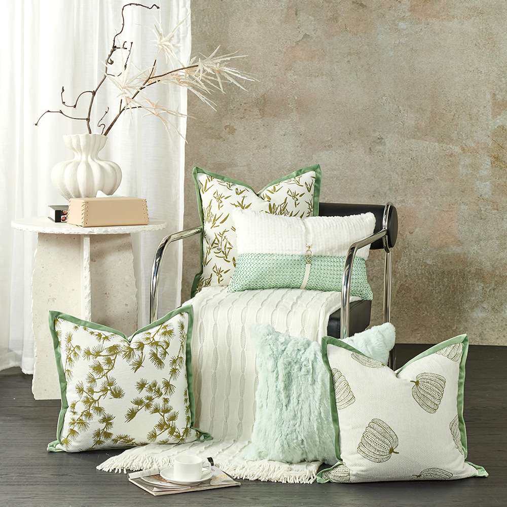 新款新中式抱枕民宿松树树叶提花装饰枕客厅沙发绿色田园风靠背