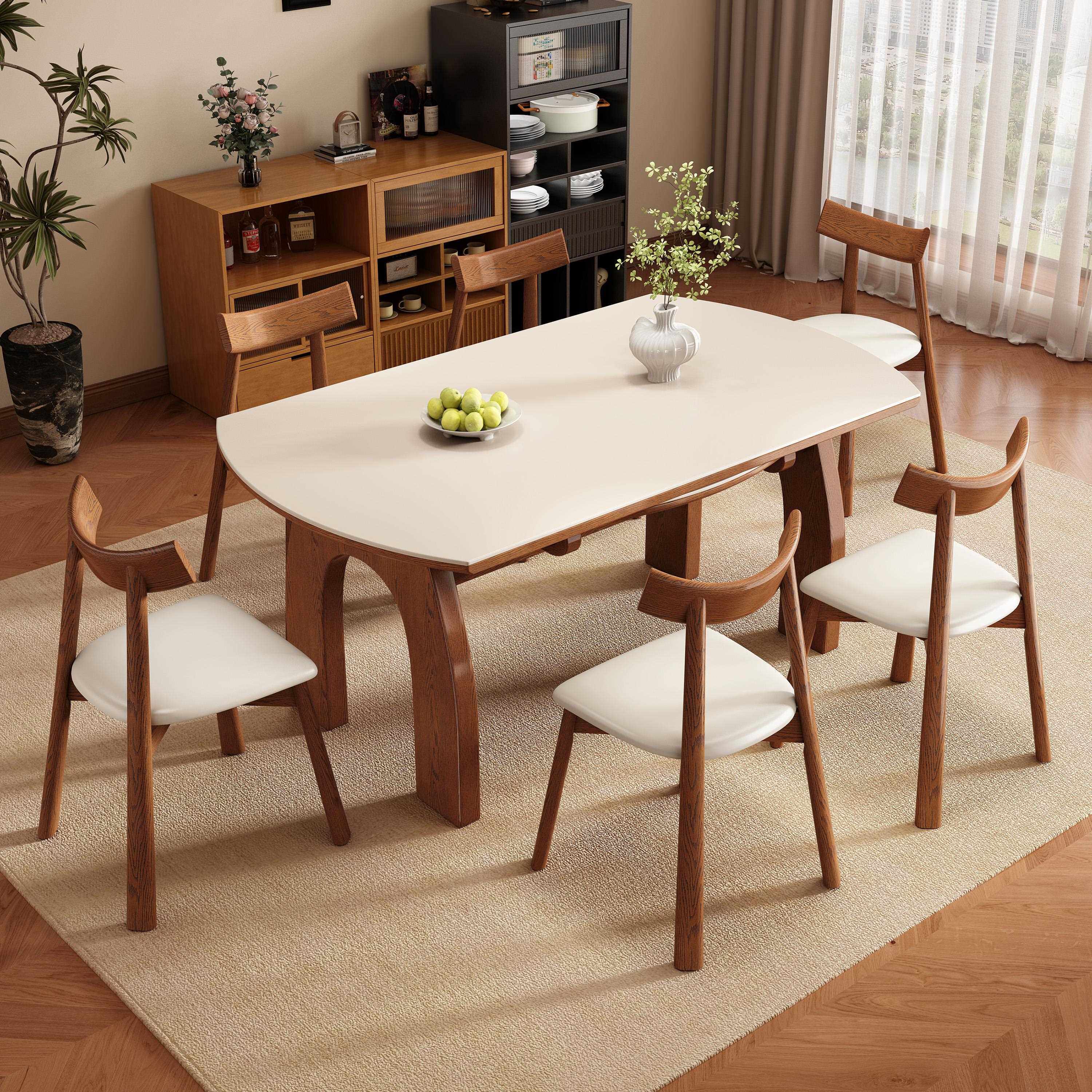 复古中古风实木岩板餐桌椅组合高端客厅家用小户型可变圆吃饭桌子