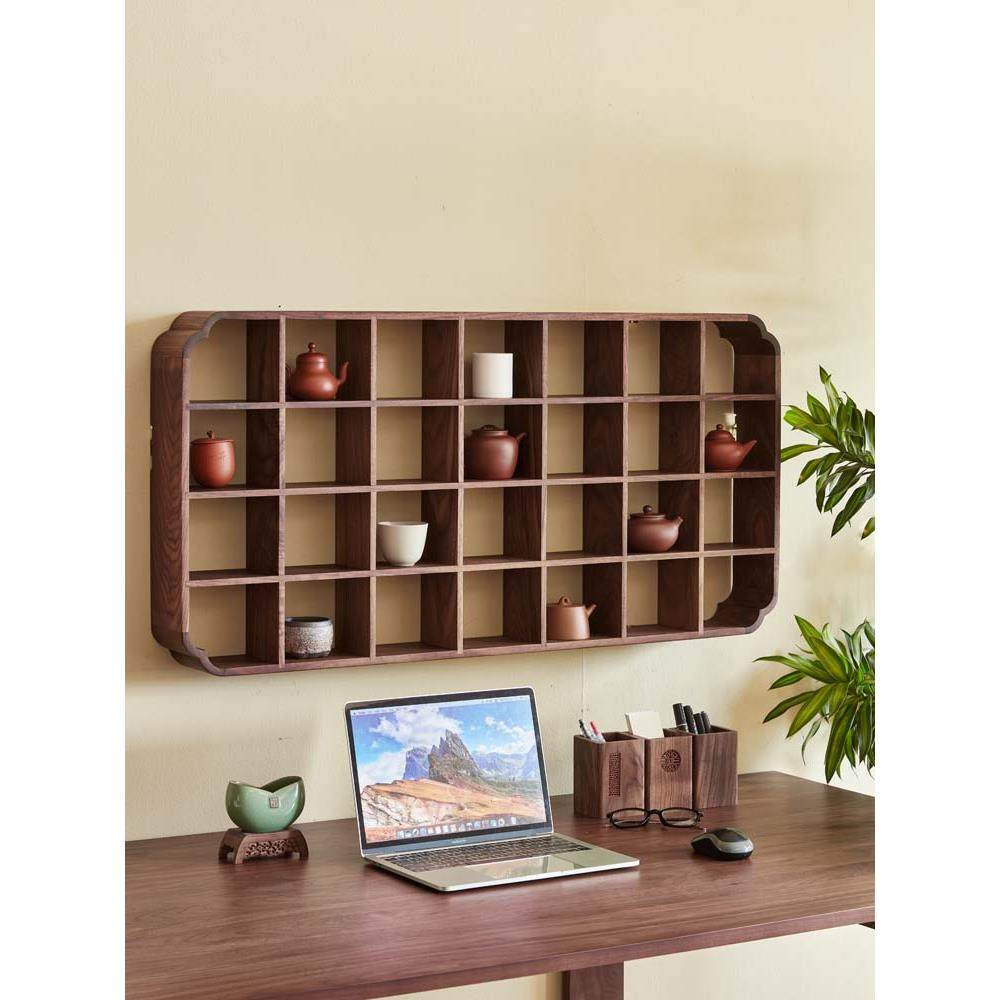 北美黑胡桃木实木中式墙上博古架茶具架子壁挂式多宝阁茶杯置物架