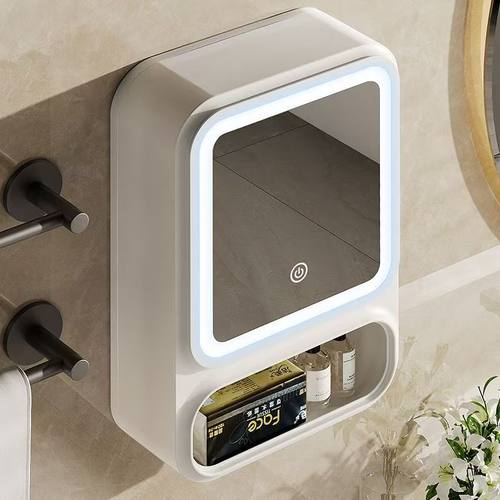 家用多功能壁挂置物架简约浴室免打孔收纳架带灯带镜子防尘储物架