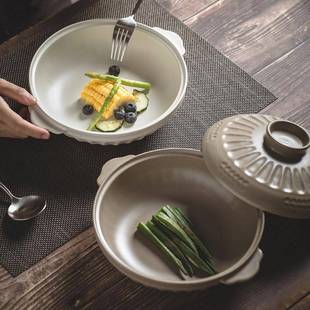 粗陶手工日汤纯色简式 约大面碗带盖耳大容碗量双烤盘陶H1582瓷餐