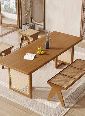 日式实藤编餐家椅民宿用小户型吃54023饭桌原木办公室木休闲桌桌泡茶桌