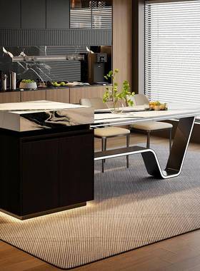 进口黑色天然岩板岛台一现代轻奢厨房65135中岛台台餐桌体可伸缩