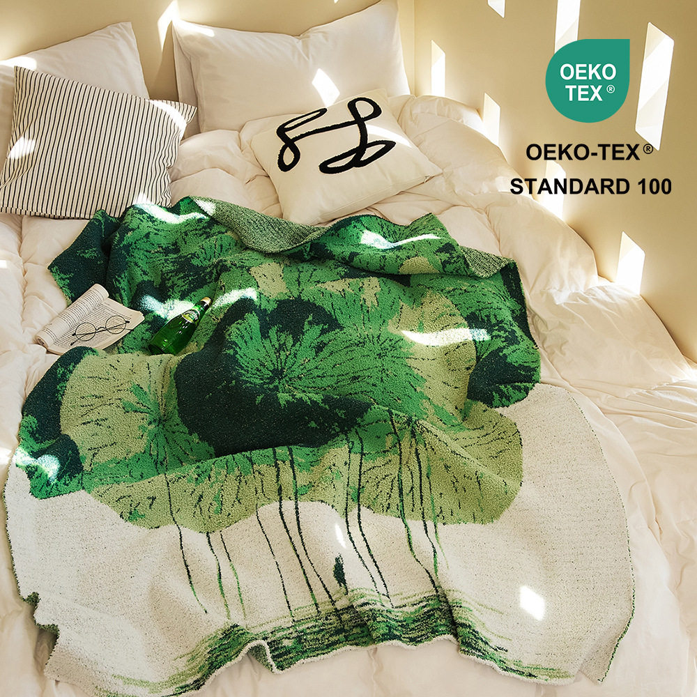 春夏荷韵针织半边绒办公午休盖毯
