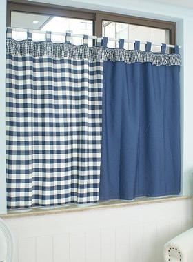 湛蓝15525飘窗帘布料现代约简穿子环蓝白格窗帘帘()