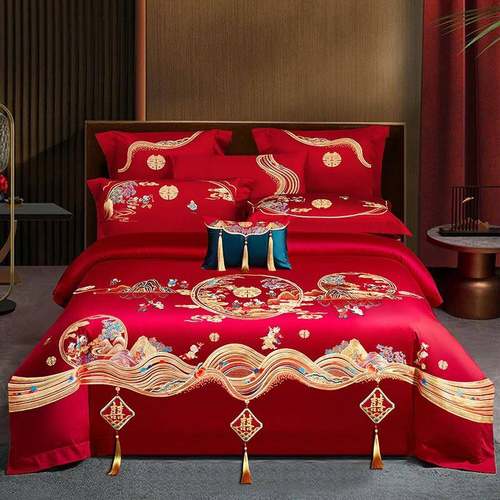 婚新中式全棉结婚庆四158件套绒红色陪嫁床品160S提长棉刺绣多件
