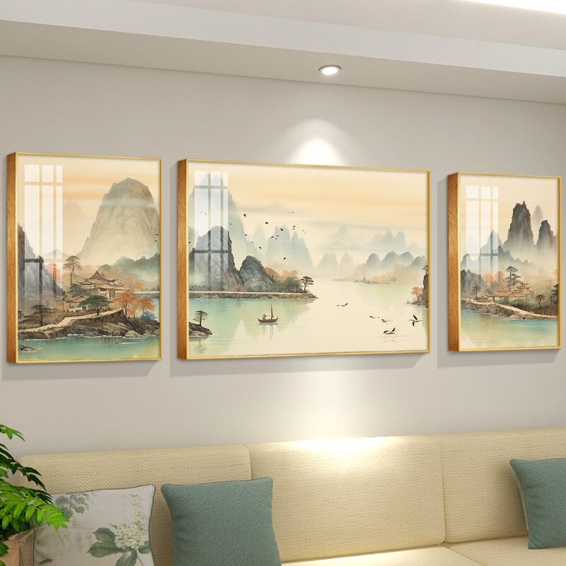 国潮风山水风景装饰画客厅沙发背景墙软装壁画三联高档组合抽象画
