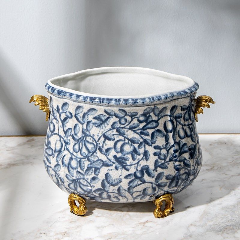 明清古典复古怀旧装饰花盆摆件 陶瓷配铜花插花器样板房软装摆设