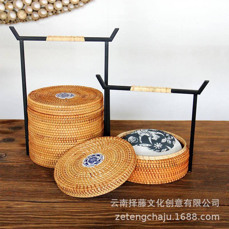 越南秋藤手工编织小号便携收纳篮日式野餐盒铁艺竹把手提篮