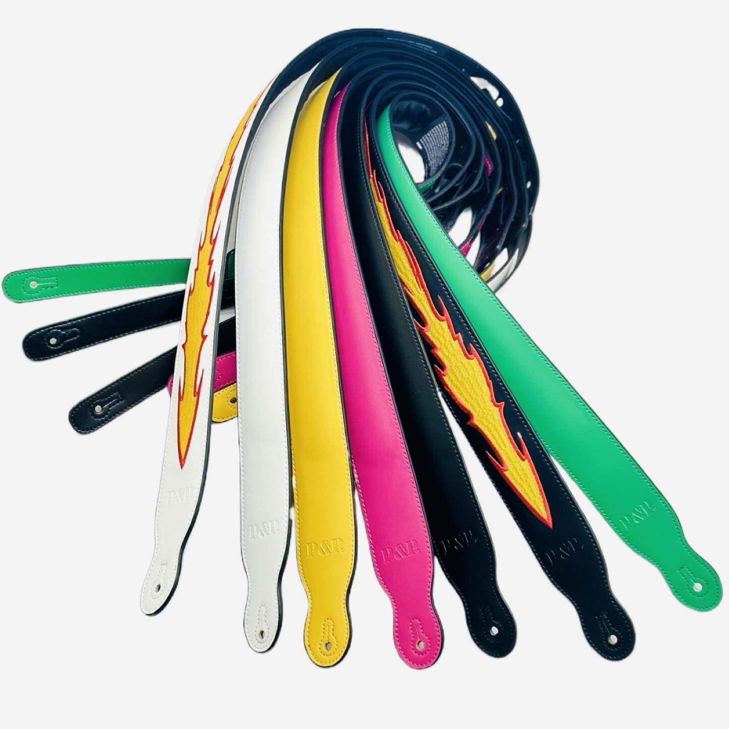 吉他背带P&P赞声现货火焰真皮白色黑色绿色玫红黄电吉他2023