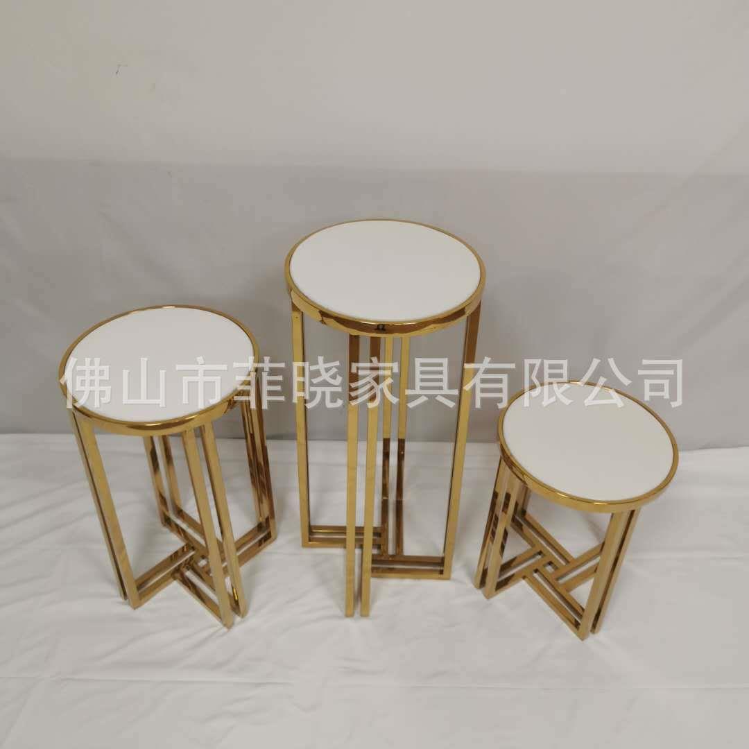 婚庆路引外贸出口花架大理石茶几桌几,圆形钛金边几婚庆摆台