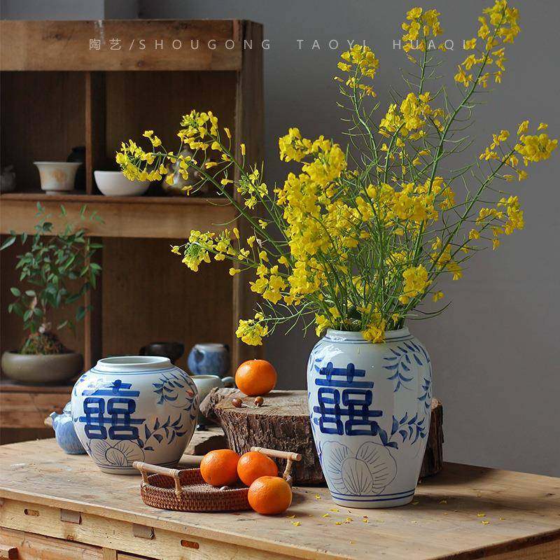 手绘青花瓷花瓶陶瓷复古瓷罐直宽口新中式花瓶摆件客厅插花喜福字,机械设备,其他机械设备,淘宝优惠券,粉丝福利购,淘宝优惠卷