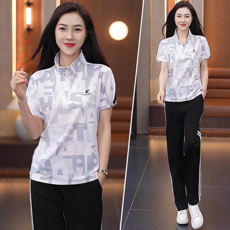 运动服套装女夏季透气孔冰丝短袖速干时尚洋气时髦跑步休闲两件套
