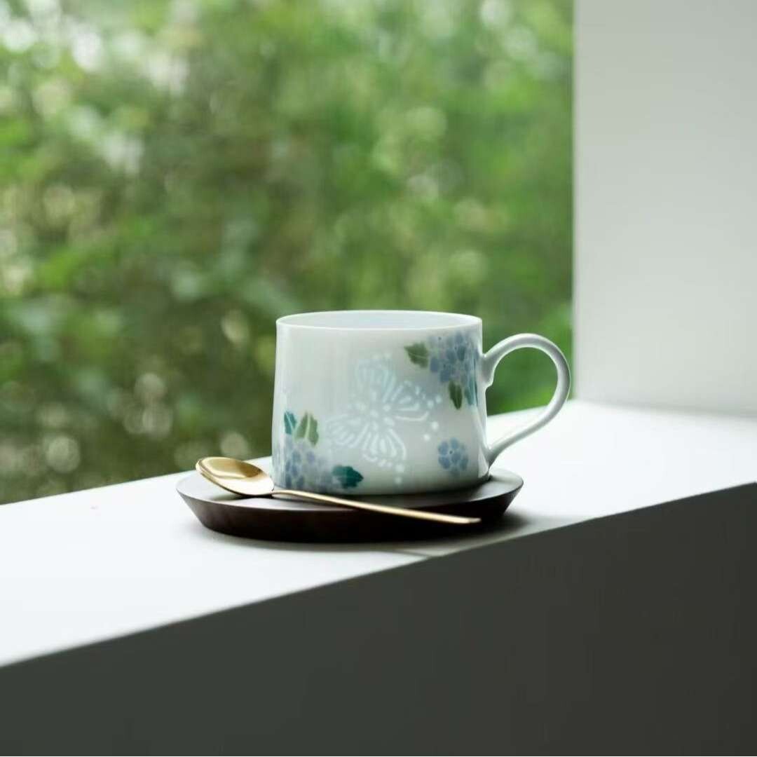 手绘荷韵陶瓷玲珑咖啡杯垫杯垫组合家用办公室泡茶杯办公杯马克杯
