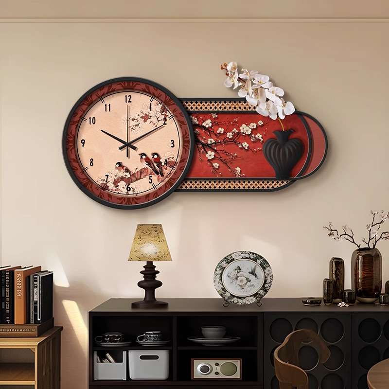 中古风餐厅装饰画中式复古客厅钟表挂画横版餐桌墙面壁画挂墙时钟图片