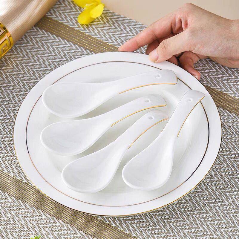 餐纯白镁陶瓷小勺子酒店厅汤家用调羹质勺瓷HBM汤匙