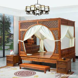 古典实家具仿古明清拔木千工步床洞床实木踏步床雕80685花月宫廷