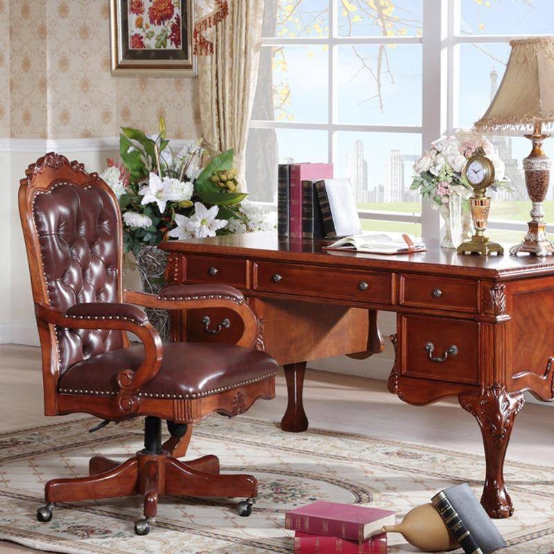 直供旋转老板椅皮花PIF革公椅书房实木雕转办椅美式实转木椅厂家