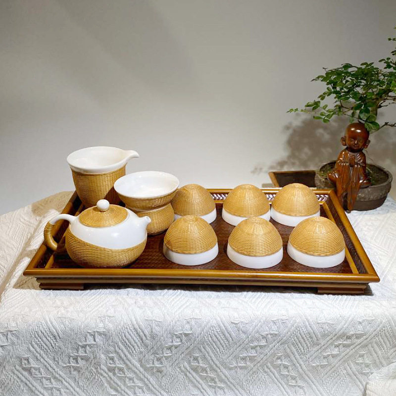 佰艺轩东阳纯手工编织竹丝中式煮茶瓷胎竹编茶具9件套