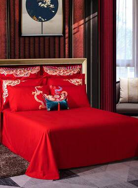 新结中式婚庆四件套天丝棉龙凤绣婚四件套HXI大刺红色中床国婚庆