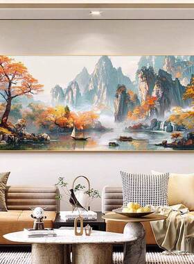 生新中式山水客厅石画贴钻办公室钻聚宝盆绣流水财HZA风景十字绣