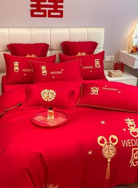 中式喜字婚庆四件套新婚大红色床单被套高档结婚床上用品婚房喜被