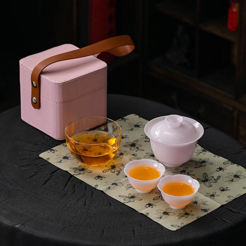 高端冰种玉瓷小套装旅行茶具一壶两杯便携式快客杯皮盒收纳茶具礼