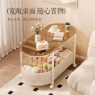 奶油风钢化玻璃可移动床发边BEI几边柜现小桌子头侧边沙边柜代小