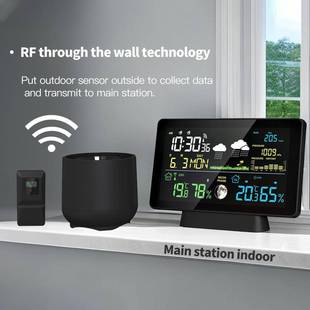 新款多功能雨量温湿度计气压月相电子数字天气预报闹钟气象钟