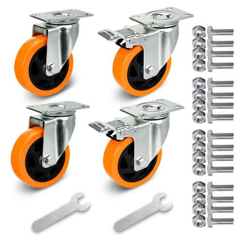 3寸4寸5PVC橙色通花脚轮套装底板万向轮带刹车推车轮