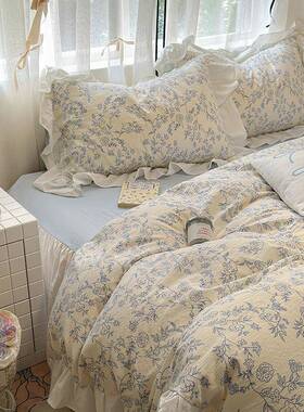 韩式花边床单四件宿套纯四棉季床被套床裙学生舍笠床ICN上三件套