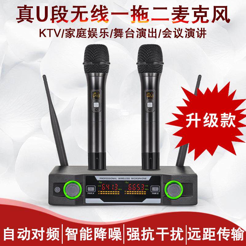 U段调频无线音响麦克风庭ktv娱乐K歌舞台演出一拖二无线手持话筒