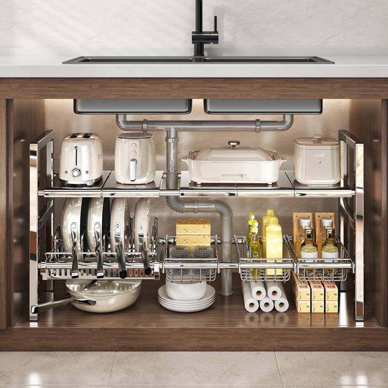 厨房下水槽置物架不锈钢可伸缩落地橱柜多层储物锅架锅具收纳架