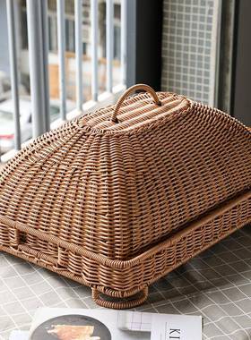 复古仿藤编饭罩罩方形桌罩菜食52078物罩防蝇酒店点餐心盘带盖早