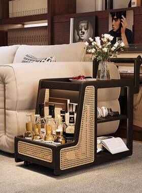 实木巴发边几士小推车车HJV移动茶几餐家用沙发沙边柜可移动茶台