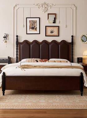 法复古实木床现式代简约卧气QLV高端大美式轻奢双人床主欧式中古