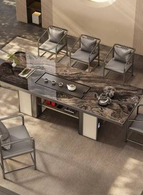 轻岩茶桌大茶台简约奢大板泡茶合桌高端64941办公板室茶桌椅组一