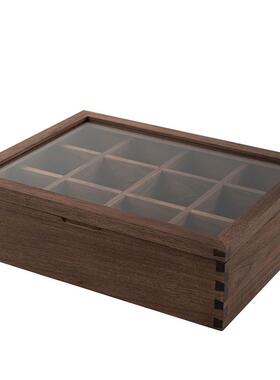 UG7黑桃木收纳分格12格分类木盒IAW子玻璃盖翻盖胡式盒尾榫结燕构