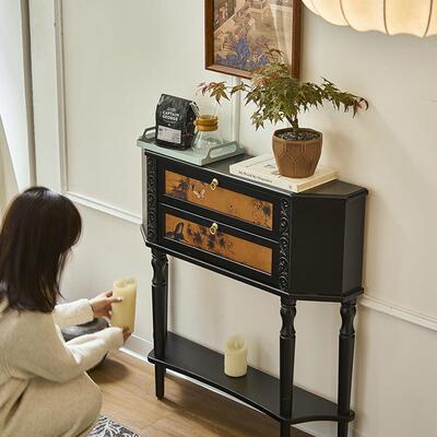 式复古玄关法实黑色香柜云纱客厅木入户装饰70550柜中古风展示柜