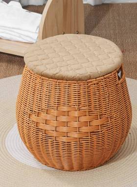 家用藤编藤织椅阳台客厅小椅子榻榻米矮靠背椅单人仿成圆形人9834