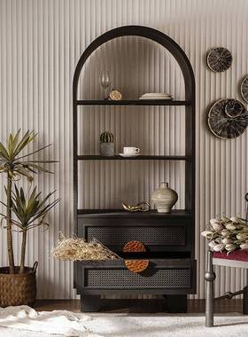 中美SUG式复古拱形一体书酒柜客厅玄黑关柜柜藤编展示柜古风色陈