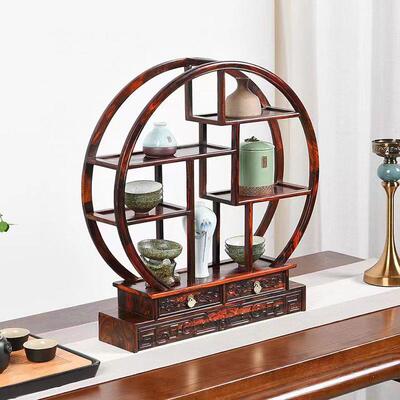老挝22305大红酸枝圆两抽博古架形式仿古多中宝阁置物董架茶具古