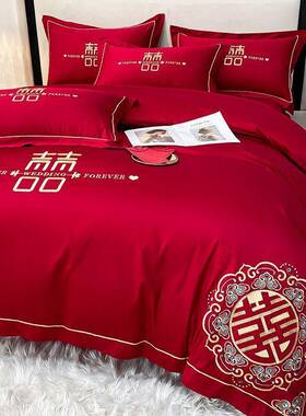 高庆档婚庆婚四件套红色刺绣套结婚床新TFB婚中式陪嫁喜被床上用