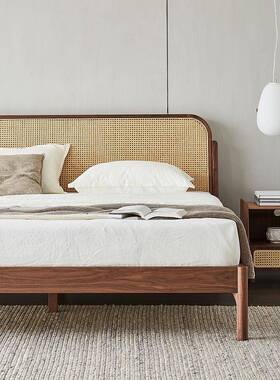 日藤编实木床18简约现代卧室双人KYM床米北美黑胡桃小户型家式.用